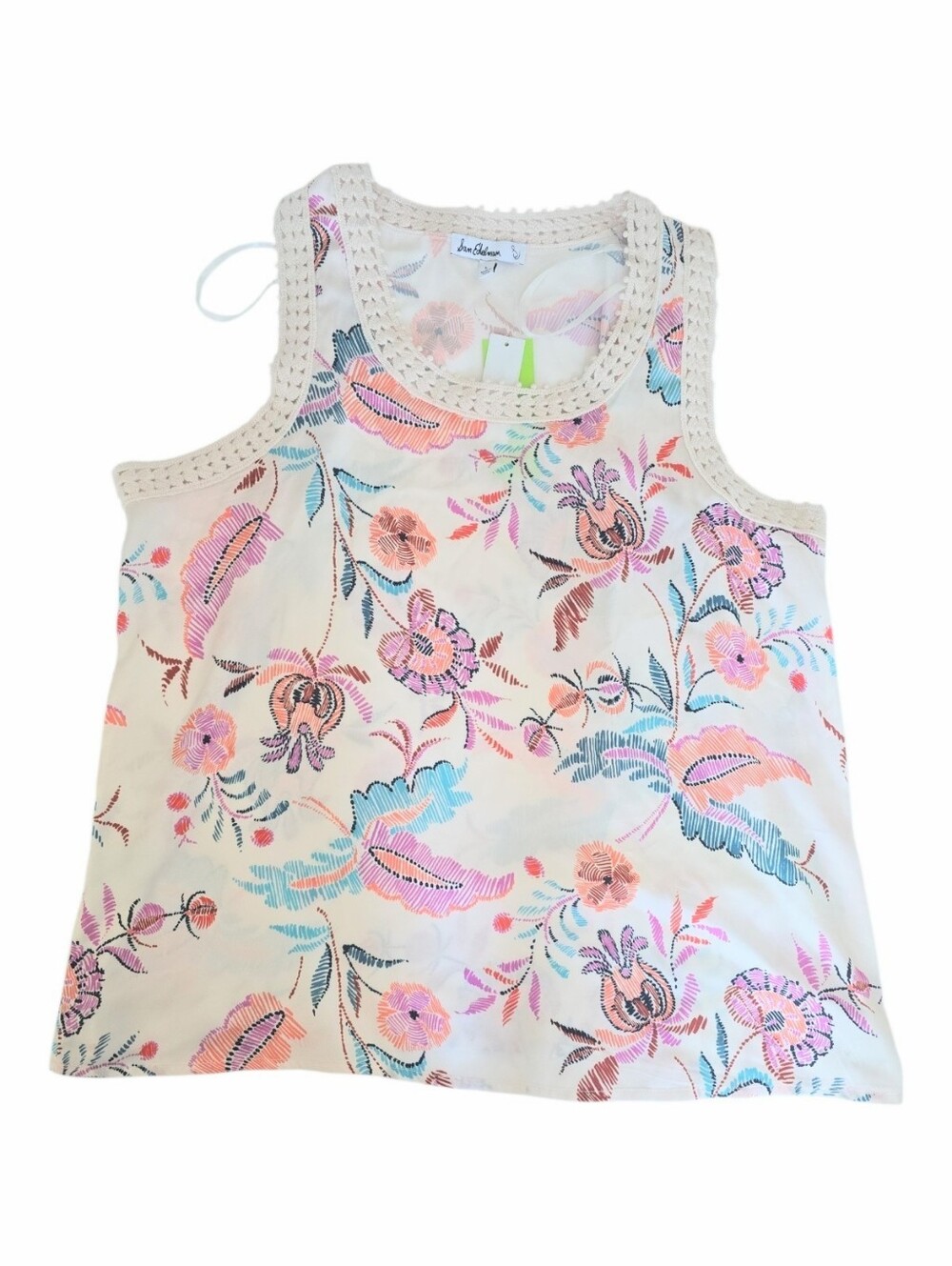 Sam Edelman Cream Crochet-Trim Tank with Pink & Blue Floral Motif